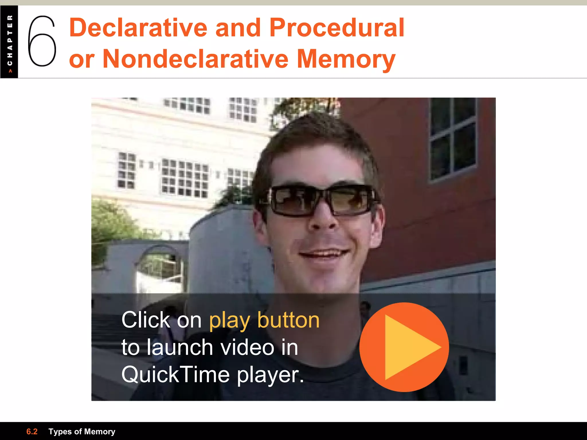 Declarative and Procedural
or Nondeclarative Memory
6.2 Types of Memory
Click on play button
to launch video in
QuickTime player.
 