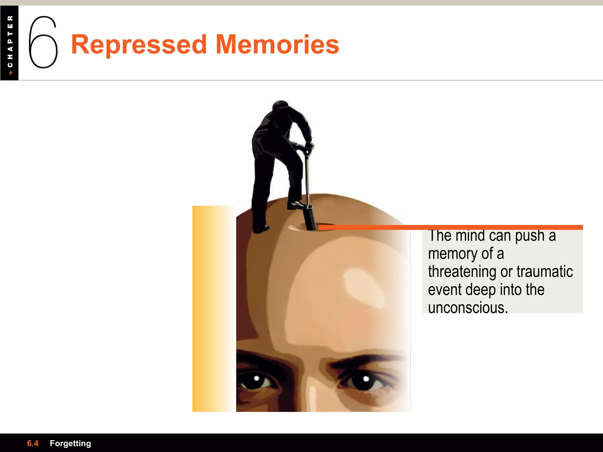 Repressed Memories
6.4 Forgetting
The mind can push a
memory of a
threatening or traumatic
event deep into the
unconscious.
 