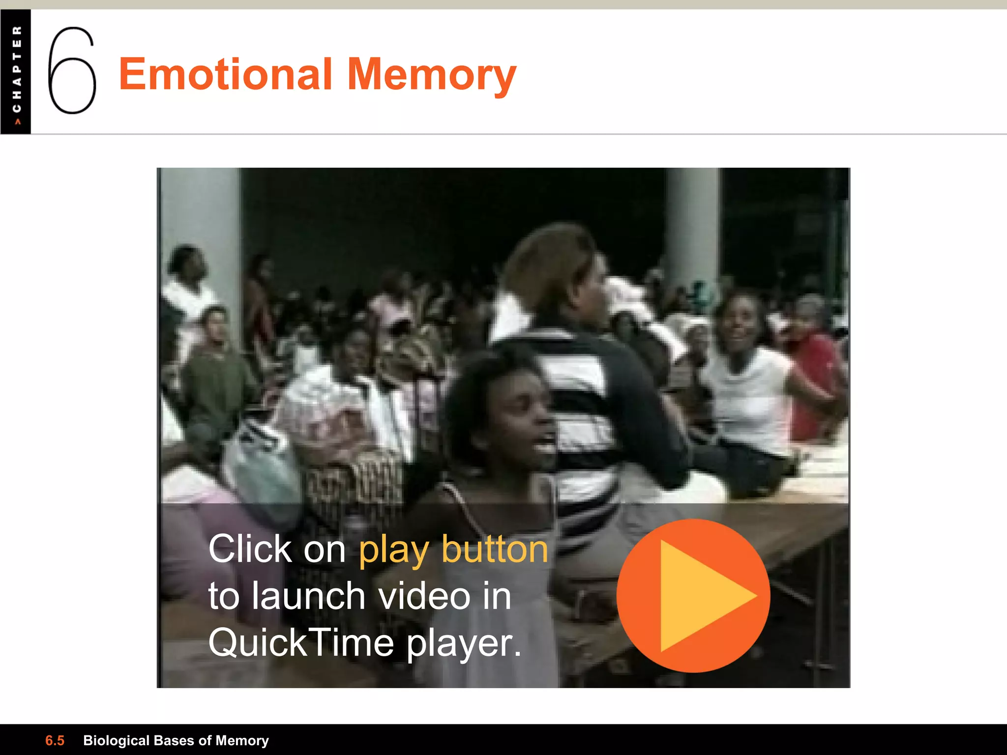 Emotional Memory
6.5 Biological Bases of Memory
Click on play button
to launch video in
QuickTime player.
 
