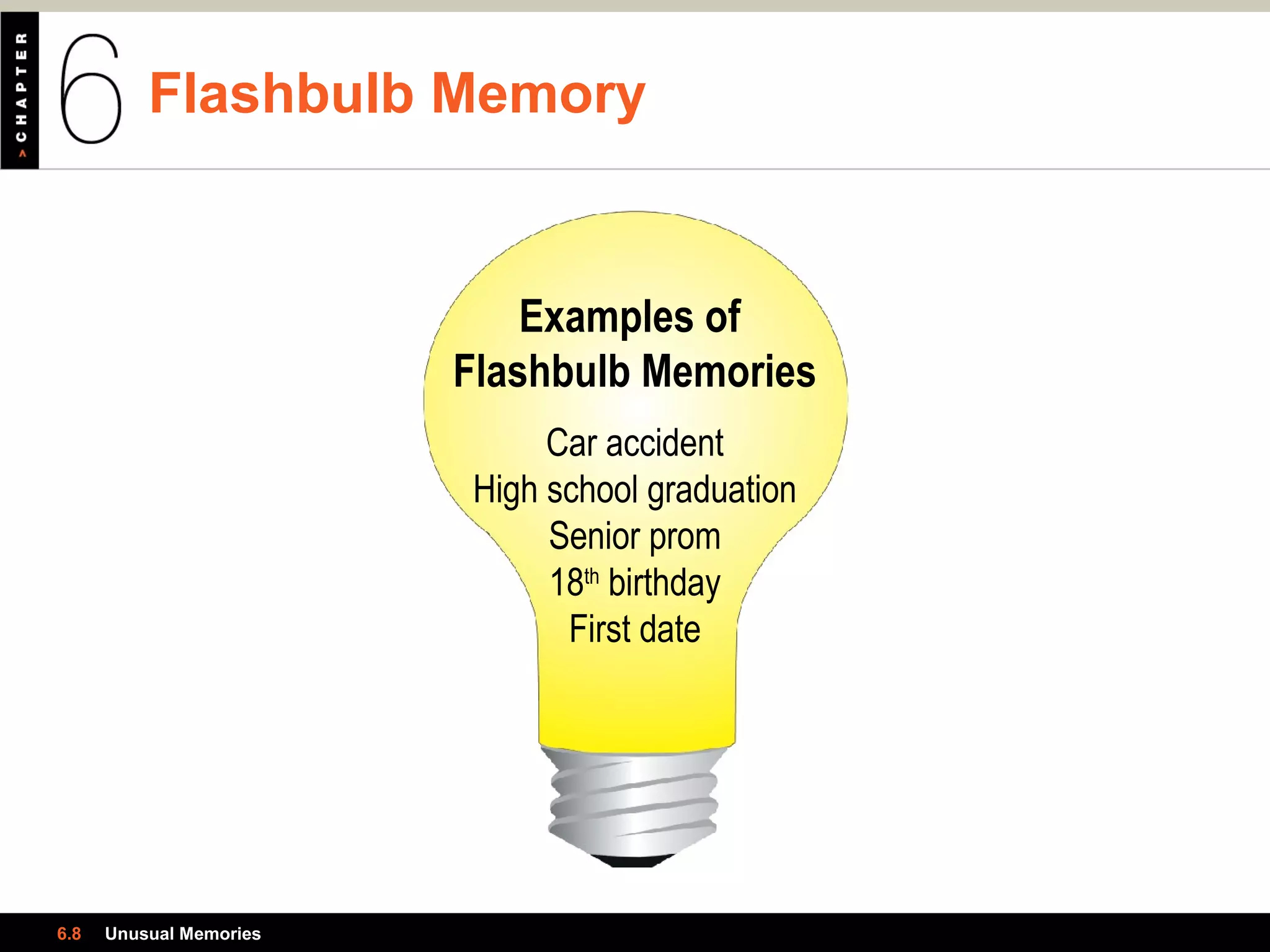 Flashbulb Memory
6.8 Unusual Memories
Examples of
Flashbulb Memories
Car accident
High school graduation
Senior prom
18th
birthday
First date
 
