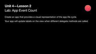 Lab: App Event Count
Unit 4—Lesson 2
Create an app that provides a visual representation of the app life cycle. 

Your app...