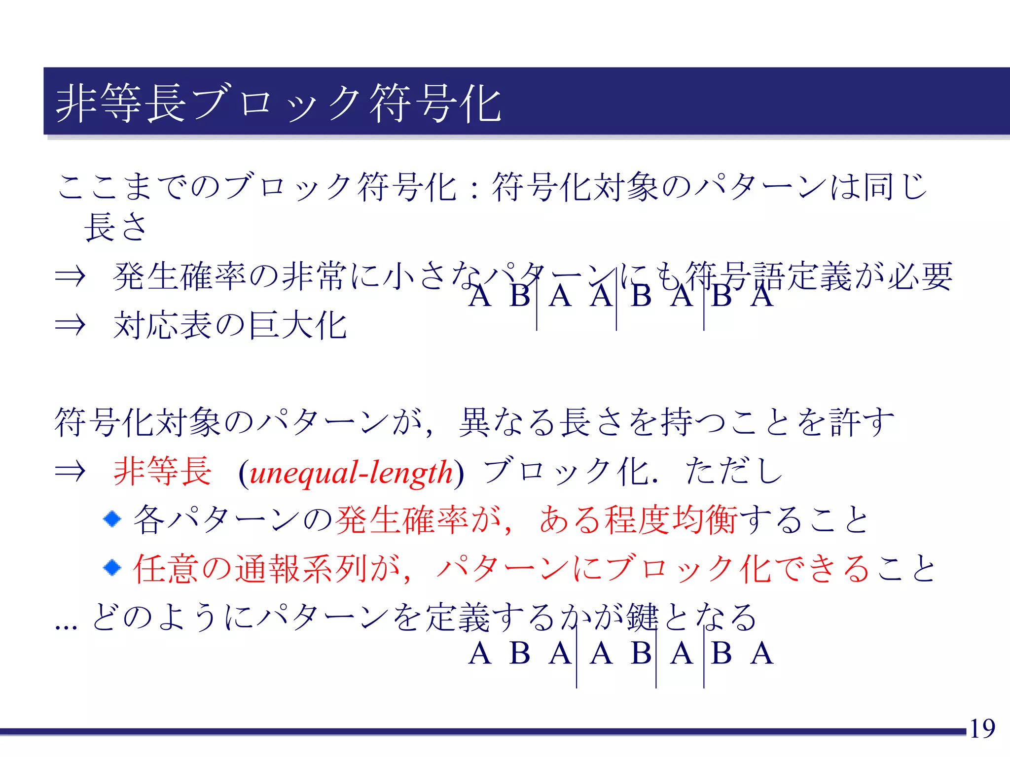 非等長ブロック符号化 ここまでのブロック符号化：符号化対象のパターンは同じ長さ ⇒ 発生確率の非常に小さなパターンにも符号語定義が必要 ⇒ 対応表の巨大化 符号化対象のパターンが，異なる長さを持つことを許す ⇒  非等長  ( unequal-length ) ブロック化．ただし 各パターンの 発生確率が，ある程度均衡 すること 任意の通報系列が，パターンにブロック化できる こと ...どのようにパターンを定義するかが鍵となる A  B  A  A  B  A  B  A A  B  A  A  B  A  B  A 