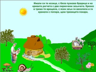 Имали си те козица, с бяла пухкава брадица и на кривите рогчета с две пиринчени звънчета. Крехко в трема тя врещяла, с ясен звън ги веселяла и ги хранела с попара, щом тревицата покара. 