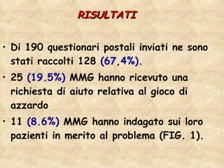 RISULTATI   Di 190 questionari postali inviati ne sono stati raccolti 128  (67,4%).   25  (19.5%)  MMG hanno ricevuto una richiesta di aiuto relativa al gioco di azzardo  11  (8.6%)  MMG hanno indagato sui loro pazienti in merito al problema (FIG. 1).  