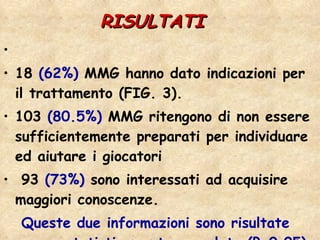 RISULTATI   18  (62%)  MMG hanno dato indicazioni per il trattamento (FIG. 3).  103  (80.5%)  MMG ritengono di non essere sufficientemente preparati per individuare ed aiutare i giocatori 93  (73%)  sono interessati ad acquisire maggiori conoscenze.   Queste due informazioni sono risultate essere statisticamente correlate (P<0.05).   