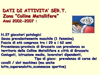 DATI DI ATTIVITA’ SER.T.  Zona ”Colline Metallifere”  Anni 2002-2007 : N.27 giocatori patologici  Sesso prevalentemente maschile (1 femmina) Fascia di età compresa tra i 29 e i 62 anni  Provenienza:provincia di Grosseto con prevalenza su territorio delle Colline Metallifere e città di Grosseto  Coniugati, istruzione media, lavoratori dipendenti,  Tipo di gioco:  prevalenza di corse dei cavalli / slot machines (ma anche lotto,superenalotto,scommesse sportive) 