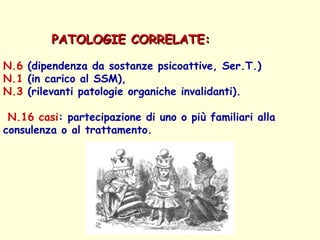 PATOLOGIE CORRELATE:   N.6  (dipendenza da sostanze psicoattive, Ser.T.) N.1  (in carico al SSM),  N.3  (rilevanti patologie organiche invalidanti). N.16 casi : partecipazione di uno o più familiari alla consulenza o al trattamento.  