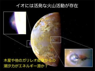 イオには活発な火山活動が存在




木星や他のガリレオ衛星からの
潮汐力がエネルギー源か？
 