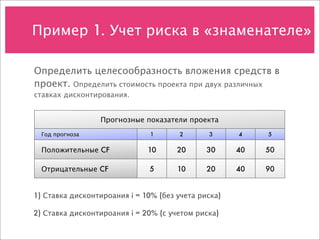 Пример 1. Учет риска в «знаменателе»

Определить целесообразность вложения средств в
проект. Определить стоимость проекта при двух различных
ставках дисконтирования.


                 Прогнозные показатели проекта
  Год прогноза                 1       2      3      4    5

  Положительные CF            10      20      30     40   50

  Отрицательные CF             5      10      20     40   90


1) Ставка дисконтироания i = 10% (без учета риска)

2) Ставка дисконтироания i = 20% (с учетом риска)
 