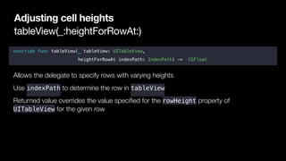 tableView(_:heightForRowAt:)
Adjusting cell heights
override func tableView(_ tableView: UITableView,  
heightForRowAt ind...