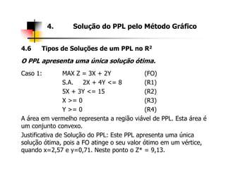 4.6 Tipos de Soluções de um PPL no R2
O PPL apresenta uma única solução ótima.
Caso 1: MAX Z = 3X + 2Y (FO)
S.A. 2X + 4Y <= 8 (R1)
4. Solução do PPL pelo Método Gráfico
5X + 3Y <= 15 (R2)
X >= 0 (R3)
Y >= 0 (R4)
A área em vermelho representa a região viável de PPL. Esta área é
um conjunto convexo.
Justificativa de Solução do PPL: Este PPL apresenta uma única
solução ótima, pois a FO atinge o seu valor ótimo em um vértice,
quando x=2,57 e y=0,71. Neste ponto o Z* = 9,13.
 