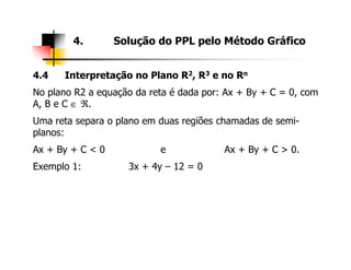 4.4 Interpretação no Plano R2, R3 e no Rn
No plano R2 a equação da reta é dada por: Ax + By + C = 0, com
A, B e C ∈ ℜ.
Uma reta separa o plano em duas regiões chamadas de semi-
planos:
4. Solução do PPL pelo Método Gráfico
planos:
Ax + By + C < 0 e Ax + By + C > 0.
Exemplo 1: 3x + 4y – 12 = 0
 