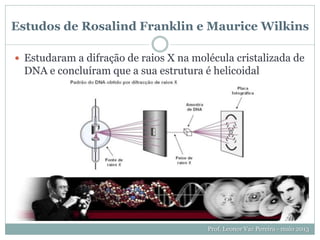 Estudos de Rosalind Franklin e Maurice Wilkins
 Estudaram a difração de raios X na molécula cristalizada de
DNA e concluíram que a sua estrutura é helicoidal
Prof. Leonor Vaz Pereira - maio 2013
 