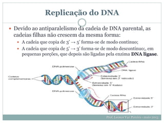 Prof. Leonor Vaz Pereira - maio 2013
Replicação do DNA
 Devido ao antiparalelismo da cadeia de DNA parental, as
cadeias filhas não crescem da mesma forma:
 A cadeia que copia de 3’ → 5’ forma-se de modo contínuo;
 A cadeia que copia de 5’ → 3’ forma-se de modo descontínuo;, em
pequenas porções, que depois são ligadas pela enzima DNA ligase.
 