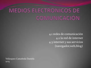  MEDIOS ELECTRONICOS DE COMUNICACIÓN 4.1 redes de comunicación  4.2 la red de internet  4.3 internet y sus servicios  (navegador,web,blog) Velázquez Castañeda Daniela 1cv5 