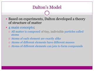Dalton’s Model

 Based on experiments, Dalton developed a theory
  of structure of matter
 4 main concepts:
    All matter is composed of tiny, indivisible particles called
     atoms
    Atoms of each element are exactly alike
    Atoms of different elements have different masses
    Atoms of different elements can join to form compounds
 