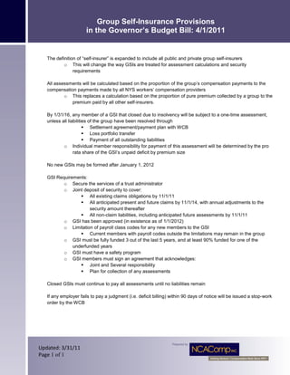 Group Self-Insurance Provisions
                      in the Governor’s Budget Bill: 4/1/2011


   The definition of “self-insurer” is expanded to include all public and private group self-insurers
           o This will change the way GSIs are treated for assessment calculations and security
                requirements

   All assessments will be calculated based on the proportion of the group’s compensation payments to the
   compensation payments made by all NYS workers’ compensation providers
           o This replaces a calculation based on the proportion of pure premium collected by a group to the
              premium paid by all other self-insurers.

   By 1/31/16, any member of a GSI that closed due to insolvency will be subject to a one-time assessment,
   unless all liabilities of the group have been resolved through
                        Settlement agreement/payment plan with WCB
                        Loss portfolio transfer
                        Payment of all outstanding liabilities
           o Individual member responsibility for payment of this assessment will be determined by the pro
                 rata share of the GSI’s unpaid deficit by premium size

   No new GSIs may be formed after January 1, 2012

   GSI Requirements:
          o Secure the services of a trust administrator
          o Joint deposit of security to cover:
                  All existing claims obligations by 11/1/11
                  All anticipated present and future claims by 11/1/14, with annual adjustments to the
                     security amount thereafter
                  All non-claim liabilities, including anticipated future assessments by 11/1/11
          o GSI has been approved (in existence as of 1/1/2012)
          o Limitation of payroll class codes for any new members to the GSI
                  Current members with payroll codes outside the limitations may remain in the group
          o GSI must be fully funded 3 out of the last 5 years, and at least 90% funded for one of the
              underfunded years
          o GSI must have a safety program
          o GSI members must sign an agreement that acknowledges:
                  Joint and Several responsibility
                  Plan for collection of any assessments

   Closed GSIs must continue to pay all assessments until no liabilities remain

   If any employer fails to pay a judgment (i.e. deficit billing) within 90 days of notice will be issued a stop-work
   order by the WCB




                                                                  Prepared by
Updated: 3/31/11
Page 1 of 1
 