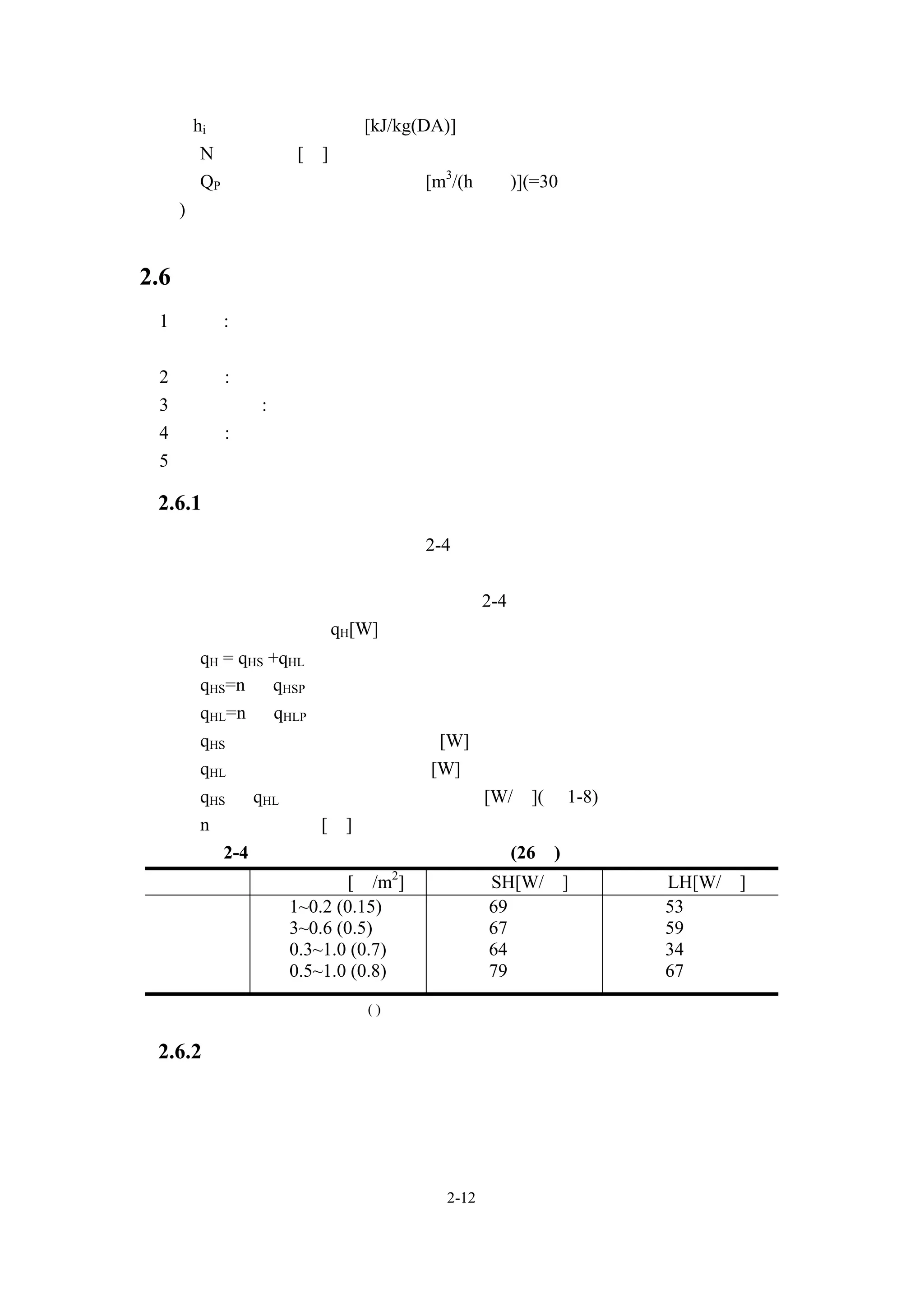 hi ：室內空氣的比焓[kJ/kg(DA)]
       N ：人員數[人]
       QP：每人所需之外界空氣量[m3/(h•人)](=30          一般事務性公家機關的情
 況)


2.6 內部負荷
 1、人員:估算項目包括總人數、駐留時間、每平方米之平均人數、及每人單位
   時間發散之顯熱及潛熱。
 2、燈光:電燈型式、總瓦數及照明電力轉換成的光能與熱能。
 3、加熱器具:例如產生電熱、瓦斯熱、蒸汽熱等器具。
 4、馬達:在工廠中，馬達軸馬力轉換成的熱能為空調最大負荷來源之一。
 5、其他設備熱源。

 2.6.1 人體之熱負荷
   各居室的人員數，應依據表 2-4 的人員密度算出。但，若把每小時之正常
 在室人員數加入平均外來者數後，其數值若產生很大差異，則須配合實際情況
 進行修正。此外，人體發熱量應依照表 2-4。
   人體之熱負荷 qH[W]
      qH = qHS +qHL
      qHS=n• qHSP
      qHL=n• qHLP
      qHS：由人體所產生之顯熱量 [W]
      qHL：由人體所產生之潛熱量[W]
      qHS 、qHL：每人之顯熱量、潛熱量[W/人](表 1-8)
      n：各室人員數[人]
      表 2-4   室內的人員密度及人體發熱量(26℃)
 室名           人員密度[人/m2]       顯熱 SH[W/人]     潛熱 LH[W/人]
 事務所           1~0.2 (0.15)      69             53
 會議室           3~0.6 (0.5)       67             59
 禮堂            0.3~1.0 (0.7)     64             34
 餐廳            0.5~1.0 (0.8)     79             67
      備註   一般情況下，可使用( )內數值。


 2.6.2 照明之熱負荷

      照明所產生之熱負荷，應根據電力消耗量算出。但在電力消耗量不明之



                               2-12
 