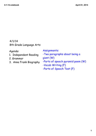 4­1­14.notebook
1
April 01, 2014
4/1/14
8th Grade Language Arts
Agenda:
1. Independent Reading
2. Grammar
3. Anne Frank Biography
Assignments:
-Two paragraphs about being a
giant (W)
-Parts of speech pyramid poem (W)
-Vocab Writing (F)
-Parts of Speech Test (F)
 