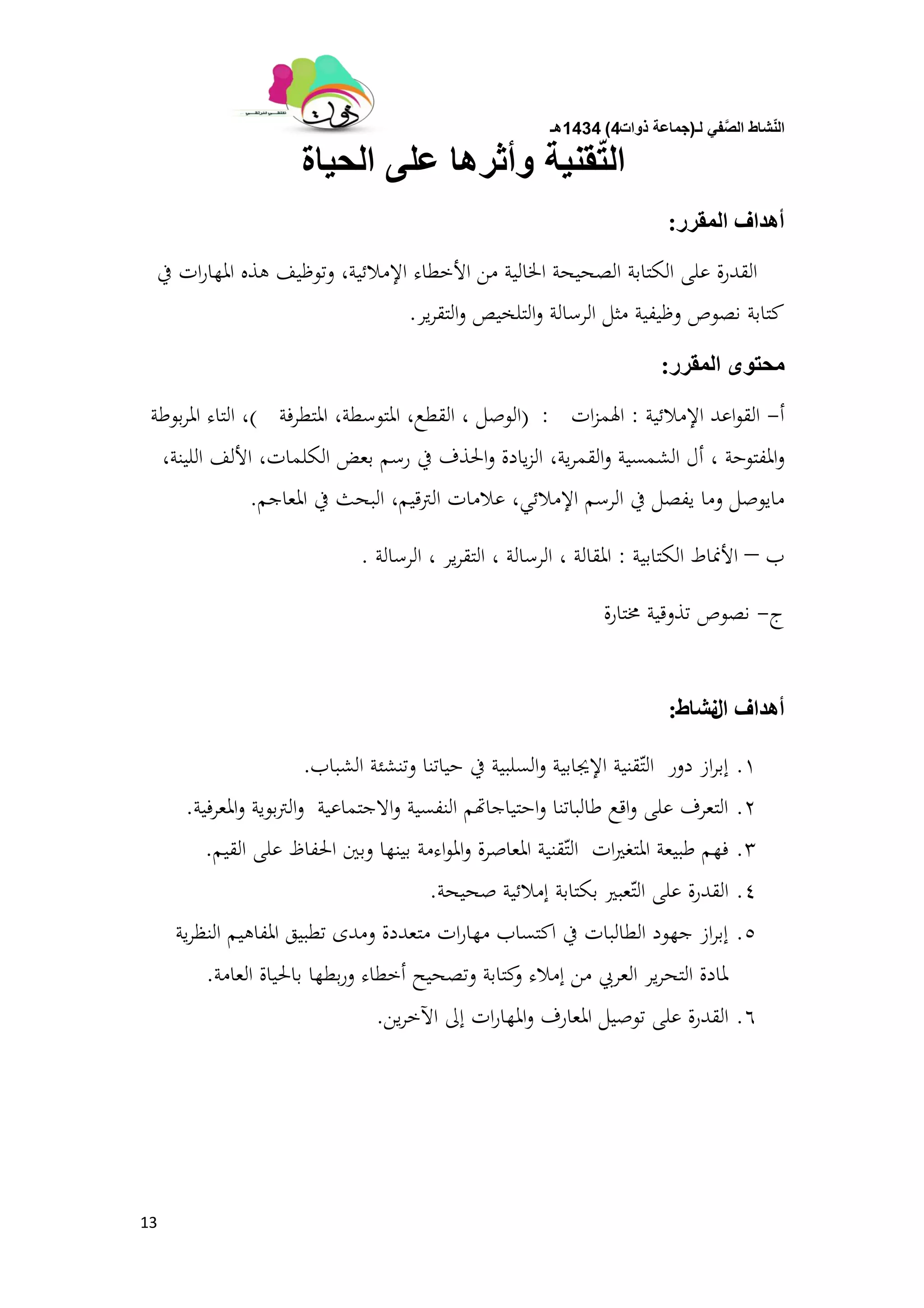 ‫لـ‬ ً‫ف‬َّ‫الص‬ ‫شاط‬ّ‫ن‬‫ال‬(‫ذوات‬ ‫جماعة‬4)1434‫هـ‬
13
‫الحٌاة‬ ‫على‬ ‫وأثرها‬ ‫قنٌة‬ّ‫ت‬‫ال‬
‫انًمرر‬ ‫أْذاف‬:
‫يف‬ ‫ات‬‫ر‬‫ادلها‬ ‫ىذه‬ ‫وتوظيف‬ ،‫اإلمالئية‬ ‫األخطاء‬ ‫من‬ ‫اخلالية‬ ‫الصحيحة‬ ‫الكتابة‬ ‫على‬ ‫القدرة‬
‫ير‬‫ر‬‫التق‬‫و‬ ‫التلخيص‬‫و‬ ‫الرسالة‬ ‫مثل‬ ‫وظيفية‬ ‫نصوص‬ ‫كتابة‬.
‫انًمرر‬ ٖٕ‫يحخ‬:
‫أ‬-‫اإلمالئية‬ ‫اعد‬‫و‬‫الق‬:‫ات‬‫ز‬‫اذلم‬:(‫الوصل‬،‫القطع‬،‫ادلتوسطة‬،‫ادلتطرفة‬)،‫بوطة‬‫ر‬‫ادل‬ ‫التاء‬
‫ادلفتوحة‬‫و‬،‫ية‬‫ر‬‫القم‬‫و‬ ‫الشمسية‬ ‫أل‬،‫الكلمات‬ ‫بعض‬ ‫رسم‬ ‫يف‬ ‫احلذف‬‫و‬ ‫يادة‬‫ز‬‫ال‬،‫اللينة‬ ‫األلف‬،
‫اإلمالئي‬ ‫الرسم‬ ‫يف‬ ‫يفصل‬ ‫وما‬ ‫مايوصل‬،‫الًتقيم‬ ‫عالمات‬،‫ادلعاجم‬ ‫يف‬ ‫البحث‬.
‫ب‬–‫الكتابية‬ ‫األمناط‬:‫ادلقالة‬،‫الرسالة‬،‫ير‬‫ر‬‫التق‬،‫الرسالة‬.
‫ج‬-‫سلتارة‬ ‫تذوقية‬ ‫نصوص‬
‫ال‬ ‫أْذاف‬‫َشبط‬:
1.‫الشباب‬ ‫وتنشئة‬ ‫حياتنا‬ ‫يف‬ ‫السلبية‬‫و‬ ‫اإلجيابية‬ ‫قنية‬ّ‫الت‬ ‫دور‬ ‫از‬‫ر‬‫إب‬.
2.‫ادلعرفية‬‫و‬ ‫بوية‬‫ًت‬‫ال‬‫و‬ ‫االجتماعية‬‫و‬ ‫النفسية‬ ‫احتياجاهتم‬‫و‬ ‫طالباتنا‬ ‫اقع‬‫و‬ ‫على‬ ‫التعرف‬.
3.‫القيم‬ ‫على‬ ‫احلفاظ‬ ‫وبُت‬ ‫بينها‬ ‫اءمة‬‫و‬‫ادل‬‫و‬ ‫ادلعاصرة‬ ‫قنية‬ّ‫الت‬ ‫ات‬‫َت‬‫ادلتغ‬ ‫طبيعة‬ ‫فهم‬.
4.‫صحيحة‬ ‫إمالئية‬ ‫بكتابة‬ ‫عبَت‬ّ‫الت‬ ‫على‬ ‫القدرة‬.
5.‫ية‬‫ر‬‫النظ‬ ‫ادلفاىيم‬ ‫تطبيق‬ ‫ومدى‬ ‫متعددة‬ ‫ات‬‫ر‬‫مها‬ ‫اكتساب‬ ‫يف‬ ‫الطالبات‬ ‫جهود‬ ‫از‬‫ر‬‫إب‬
‫العامة‬ ‫باحلياة‬ ‫بطها‬‫ر‬‫و‬ ‫أخطاء‬ ‫وتصحيح‬ ‫كتابة‬‫و‬ ‫إمالء‬ ‫من‬ ‫العريب‬ ‫ير‬‫ر‬‫التح‬ ‫دلادة‬.
6.‫ين‬‫ر‬‫اآلخ‬ ‫إىل‬ ‫ات‬‫ر‬‫ادلها‬‫و‬ ‫ادلعارف‬ ‫توصيل‬ ‫على‬ ‫القدرة‬.
 