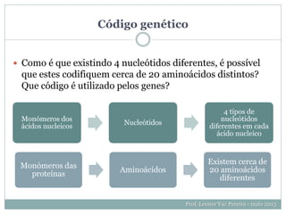  Como é que existindo 4 nucleótidos diferentes, é possível
que estes codifiquem cerca de 20 aminoácidos distintos?
Que código é utilizado pelos genes?
Prof. Leonor Vaz Pereira - maio 2013
Código genético
Monómeros dos
ácidos nucleicos
Nucleótidos
4 tipos de
nucleótidos
diferentes em cada
ácido nucleico
Monómeros das
proteínas
Aminoácidos
Existem cerca de
20 aminoácidos
diferentes
 