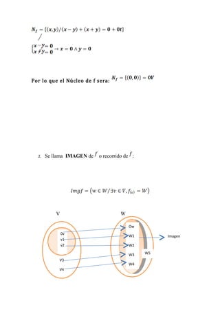 Por lo que el Núcleo de f sera:




  2.   Se llama IMAGEN de   o recorrido de :




           V                         W

                                         Ow
            V1
            0v
                                         W1         Imagen
            v1
            V2
            v2                           W2

                                         W3    W5
            V3
                                         W4
            V4
 