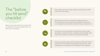 17
The “before
you hit send”
checklist
Here are a few rules of thumb for outreach that
are designed to make the recipient open it up,
take notice, and respond.
1 “The Recruiter’s Guide to Writing Effective LinkedIn InMails,” LinkedIn, 2017
Send your messages when they’ll be acted upon. Between 9:00 am
and 10:00 am on a weekday receives higher response rates, while
messages sent on Saturdays are 16% less likely to get a response.1
Show that you’ve done your research by making it personal.
Find something in common with each candidate and use that in
your message: interests, hobbies, LinkedIn Groups, employers, etc.
Don’t give too much information, but make sure to give enough.
According to LinkedIn research, candidates want job details, salary
range, and a company overview in a recruiter’s first message.
Keep subject lines short, catchy, specific, and enticing. Yes, that’s
a lot to do in a few words.
 