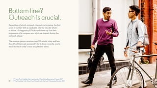 Regardless of which outreach channel you’re using, the first
point of contact with a candidate sets the tone for what’s
to follow. A staggering 83% of candidates say that their
impression of a company and a job are shaped during the
outreach phase.3
The average person receives over 121 emails a day and less
than 4% of them get answered.4
But if done correctly, you’re
ready to reach today’s most sought-after talent.
Bottom line?
Outreach is crucial.
3 “7 Stats That Highlight the Importance of Candidate Experience,” Lever, 2017
4 “The Shocking Truth About How Many Emails Are Sent,” CampaignMonitor, 2017
22
 