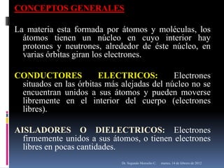 CONCEPTOS GENERALES

La materia esta formada por átomos y moléculas, los
  átomos tienen un núcleo en cuyo interior hay
  protones y neutrones, alrededor de éste núcleo, en
  varias órbitas giran los electrones.

CONDUCTORES            ELECTRICOS:          Electrones
 situados en las órbitas más alejadas del núcleo no se
 encuentran unidos a sus átomos y pueden moverse
 libremente en el interior del cuerpo (electrones
 libres).

AISLADORES O DIELECTRICOS: Electrones
  firmemente unidos a sus átomos, o tienen electrones
  libres en pocas cantidades.
                             Dr. Segundo Morocho C.   martes, 14 de febrero de 2012
 