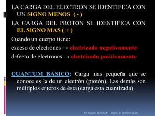 LA CARGA DEL ELECTRON SE IDENTIFICA CON
  UN SIGNO MENOS ( - )
LA CARGA DEL PROTON SE IDENTIFICA CON
  EL SIGNO MAS ( + )
Cuando un cuerpo tiene:
exceso de electrones → electrizado negativamente
defecto de electrones → electrizado positivamente

QUANTUM BASICO: Carga mas pequeña que se
 conoce es la de un electrón (protón), Las demás son
 múltiplos enteros de ésta (carga esta cuantizada)


                            Dr. Segundo Morocho C.   martes, 14 de febrero de 2012
 