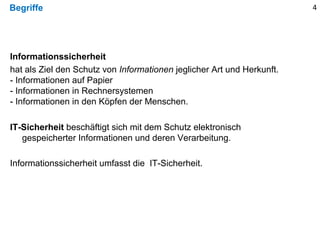 Begriffe
Informationssicherheit
hat als Ziel den Schutz von Informationen jeglicher Art und Herkunft.
- Informationen auf Papier
- Informationen in Rechnersystemen
- Informationen in den Köpfen der Menschen.
IT-Sicherheit beschäftigt sich mit dem Schutz elektronisch
gespeicherter Informationen und deren Verarbeitung.
Informationssicherheit umfasst die IT-Sicherheit.
4
 