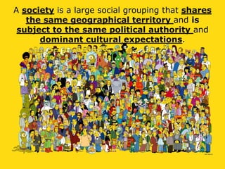 A society is a large social grouping that shares
the same geographical territory and is
subject to the same political authority and
dominant cultural expectations.
 