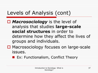 Introduction to Sociology: What is
Sociology?
37
Levels of Analysis (cont)
 Macrosociology is the level of
analysis that studies large-scale
social structures in order to
determine how they affect the lives of
groups and individuals.
 Macrosociology focuses on large-scale
issues.
 Ex: Functionalism, Conflict Theory
 