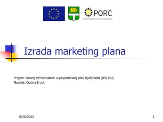 Izrada marketing plana

Projekt: Razvoj infrastrukture u gospodarskoj zoni Bijelo Brdo (IPA IIIc)
Nositelj: Općina Erdut




   8/28/2012                                                                1
 