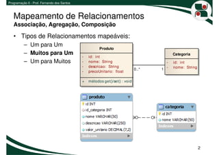Programação II - Prof. Fernando dos Santos



   Mapeamento de Relacionamentos
   Associação, Agregação, Composição

   • Tipos de Relacionamentos mapeáveis:
          – Um para Um
                                                       Produto
          – Muitos para Um                                                                 Categoria
                                             -   id: int
          – Um para Muitos                   -   nome: String                          -   id: int
                                             -   descricao: String
                                                                              0..*   1 -   nome: String
                                             -   precoUnitario: float

                                             +   métodos get()/set() : void




                                                                                                          2
 