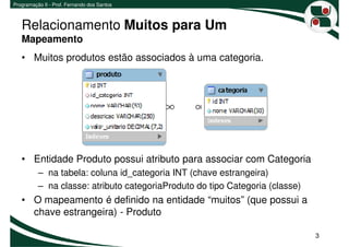 Programação II - Prof. Fernando dos Santos



   Relacionamento Muitos para Um
   Mapeamento
   • Muitos produtos estão associados à uma categoria.




   • Entidade Produto possui atributo para associar com Categoria
          – na tabela: coluna id_categoria INT (chave estrangeira)
          – na classe: atributo categoriaProduto do tipo Categoria (classe)
   • O mapeamento é definido na entidade “muitos” (que possui a
     chave estrangeira) - Produto

                                                                              3
 