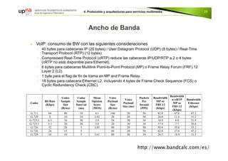Codec
Bit Rate
(Kbps)
Codec
Sample
Size
(Bytes)
Codec
Sample
Interval
(ms)
Mean
Opinion
Score
(MOS)
Voice
Payload
Size
(Bytes)
Voice
Payload
Size (ms)
Packets
Per
Second
(PPS)
Bandwidth
MP or
FRF.12
(Kbps)
Bandwidth
w/cRTP
MP or
FRF.12
(Kbps)
Bandwidth
Ethernet
(Kbps)
G.711 64 80 10 4.1 160 20 50 82.8 67.6 87.2
G.729 8 10 10 3.92 20 20 50 26.8 11.6 31.2
G.723.1 6.3 24 30 3.9 24 30 34 18.9 8.8 21.9
G.723.1 5.3 20 30 3.8 20 30 34 17.9 7.7 20.8
G.726 32 20 5 3.85 80 20 50 50.8 35.6 55.2
G.726 24 15 5 60 20 50 42.8 27.6 47.2
G.728 16 10 5 3.61 60 30 34 28.5 18.4 31.5
29
 VoIP: consumo de BW con las siguientes consideraciones
◦ 40 bytes para cabeceras IP (20 bytes) / User Datagram Protocol (UDP) (8 bytes) / Real-Time
Transport Protocol (RTP) (12 bytes)
◦ Compressed Real-Time Protocol (cRTP) reduce las cabeceras IP/UDP/RTP a 2 o 4 bytes
(cRTP no está disponible para Ethernet).
◦ 6 bytes para cabeceras Multilink Point-to-Point Protocol (MP) o Frame Relay Forum (FRF).12
Layer 2 (L2).
◦ 1 byte para el flag de fin de trama en MP and Frame Relay.
◦ 18 bytes para cabecera Ethernet L2, incluyendo 4 bytes de Frame Check Sequence (FCS) o
Cyclic Redundancy Check (CRC).
http://www.bandcalc.com/es/
 