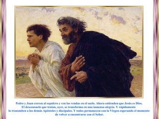 Pedro y Juan corren al sepulcro y ven las vendas en el suelo. Ahora entienden que Jesús es Dios.
El desconsuelo que tenían, ayer, se transforma en una inmensa alegría. Y rápidamente
lo transmiten a los demás Apóstoles y discípulos. Y todos permanecen con la Virgen esperando el momento
de volver a encontrarse con el Señor.
 
