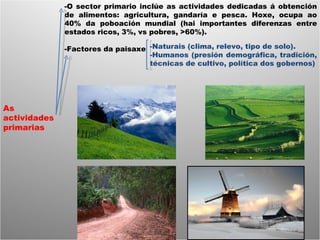 As actividades primarias -O sector primario inclúe as actividades dedicadas á obtención de alimentos: agricultura, gandaría e pesca. Hoxe, ocupa ao 40% da poboación mundial (hai importantes diferenzas entre estados ricos, 3%, vs pobres, >60%). -Factores da paisaxe -Naturais (clima, relevo, tipo de solo). -Humanos (presión demográfica, tradición, técnicas de cultivo, política dos gobernos) 
