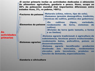 As actividades primarias -O sector primario inclúe as actividades dedicadas á obtención de alimentos: agricultura, gandaría e pesca. Hoxe, ocupa ao 40% da poboación mundial (hai importantes diferenzas entre estados ricos, 3%, vs pobres, >60%). -Factores da paisaxe -Elementos da paisaxe -Sistemas agrarios -Gandaría e silvicultura -Naturais (clima, relevo, tipo de solo). -Humanos (presión demográfica, tradición, técnicas de cultivo, política dos gobernos) -Os cultivos (tipos, variedade, rendemento da terra, sistemas de cultivo) -División da terra (polo tamaño, a forma e os límites) -Sistema agrario tradicional: é agricultura de subsistencia, técnicas pouco evolucionadas, rendemento baixo, policultivo, países en desenvolvemento. -Sistema agrario tecnificado: produción destinada aos mercados, rendementos elevados pola tecnoloxía, produtos en función da demanda, especialización.  