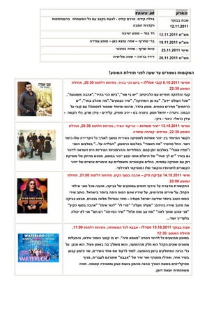 ‫שם המופע‬                   ‫תאריך‬
‫ברלה קידס: טררם קידס - לגעת בקצב עם כל המשפחה בהשתתפות‬                   ‫שבת בבוקר‬
                                                 ‫רקדנית זומבה‬           ‫1102.11.21‬
                                          ‫רד בנד – מופע ישיבה‬     ‫מוצ"ש 1102.11.21‬
                      ‫ברי סחרוף – אתה נמצא כאן – מופע עמידה‬       ‫מוצ"ש 1102.11.91‬
                                      ‫עינת שרוף - שירה בציבור‬      ‫שישי 1102.11.52‬
                                    ‫דיויד ברוזה – שפה שלישית‬      ‫מוצ"ש 1102.11.62‬


                                  ‫המקומות נשמרים עד שעה לפני תחילת המופע!‬

          ‫חמישי 1102.01.6 קובי אפללו – ביום הכי בהיר, פתיחת דלתות 03:02, תחילת‬
                                                                        ‫המופע 03:22‬
       ‫קובי והלהקה חוזרים עם הלביטים: "יש בי אור","ביום הכי בהיר","אהבה משוגעת",‬
             ‫" שכל העולם יידע", "בא מן השתיקה", "שיר געגועים","מה שהלב בחר", "ים‬
         ‫הרחמים" ושירים נוספים. מופע נהדר, מרגש ומיוחד שאסור לפספס!! עם קובי על‬
      ‫הבמה: גיטרה - יחיאל חסון. גיטרה בס - יניב פופיק. קלידים - עידן שרון. כלי הקשה -‬
                                                              ‫עידן כרמלי. כינור - ניקי.‬
         ‫חמישי 1102.01.31 יזהר אשדות – הריקוד האירי, פתיחת דלתות 03:02, תחילת‬
                                                 ‫המופע 03:22, אורחים: קטיפה שחורה‬
      ‫הקשר המיוחד בין יזהר אשדות למוסיקה האירית נמשך לאורך כל הקריירה שלו כזמר‬
           ‫ויוצר. החל מהשיר "מה תאמרי" באלבום הראשון, "הבלדה על..." באלבום השני‬
       ‫ו"סתיו אנגלי" באלבום זמן קסם. המלודיות וההרמוניות האיריות היוו השראה ליזהר‬
       ‫גם בשיר "יש לך אותי" של תיסלם אותו יבצע יזהר במופע. מפגש מרתק של מוסיקת‬
          ‫רוק עם מוסיקה עממית, בכלים אקוסטיים וחשמליים עם סיפורים אישיים של יזהר‬
                                      ‫הקשורים לחוויותיו והקשר שלו כמוסיקאי לאירלנד.‬
        ‫שישי 1102.01.41 צביקה פיק – אהבה בסוף הקיץ, פתיחת דלתות 00:12, תחילת‬
                                                                    ‫המופע 00:32‬
          ‫התקשורת מדברת על טירוף חושים במופעים של צביקה, אהבה מכל סוגי וגילאי‬
         ‫הקהל, על שירים מדהימים, על שיריו שהם הפופ היפה ביותר בישראל. כותב שירי‬
       ‫הפופ הטוב ביותר שידעה ישראל מעודה - חוזר ובגדול! מלווה בנגנים, מבצע צביקה‬
        ‫את מיטב שיריו ביניהם: "מעלה מעלה" "מרי לו" "לגור איתו" "אהבה בסוף הקיץ"‬
          ‫"אני אוהב אותך לאה" "מת אב ומת אלול" "שיר הפרחה" דם חם" אני לא יכולה‬
                                                                      ‫בלעדייך ועוד...‬

           ‫שבת בבוקר 1102.01.51 ווטרלו - אבבא לכל המשפחה, פתיחת דלתות 00:11,‬
                                                              ‫תחילת המופע: 03:21‬
        ‫במופע מבוצעים כל להיטי הסרט "מאמא מיה". יש בו קטעי הומור ווידאו, והפעלות‬
       ‫מסוגים שונים.הקהל הוא חלק מההופעה, והוא משולב בה באופן פעיל, הוא מנגן על‬
        ‫כלי נגינה המחולקים בזמן ההופעה. לומד לרקוד את אחד השירים, שר פזמון קבוע‬
                  ‫בשיר אחר, ואפילו מצטרף ושר שיר של "אבבא" שתורגם לעברית, מניף‬
               ‫סטיקלייטים בשעת הצורך ונהנה מהמון בועות סבון ומאווירה קסומה. חוויה‬
                                                                ‫משפחתית יוצאת דופן.‬
 
