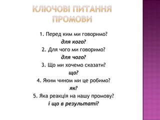 1. Перед ким ми говоримо?
            для кого?
    2. Для чого ми говоримо?
            для чого?
    3. Що ми хочемо сказати?
               що?
 4. Яким чином ми це робимо?
               як?
5. Яка реакція на нашу промову?
       і що в результаті?
 