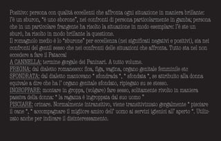 Positivo: persona con qualità eccellenti che affronta ogni situazione in maniera brillante:
l’è un sburon, “è uno sborone”, nei confronti di persona particolarmente in gamba; persona
che in un particolare frangente ha risolto la situazione in modo esemplare: l’è ste un
sburò, ha risolto in modo brillante la questione.
Il romagnolo medio è lo “sburone” per eccellenza (nei significati negativi e positivi), sia nei
confronti del gentil sesso che nei confronti delle situazioni che affronta. Tutto sta nel non
eccedere a fare il Patacca!
A CANNELLA: termine gergale dei Paninari. A tutto volume.
FREGNA: dal dialetto romanesco: fica, figa, vagina, organo genitale femminile etc
SFONDRATA: dal dialetto mantovano “ sfondrada “, “ sfondata “, se attribuito alla donna
equivale a dire che ha l’ organo genitale sfondato, ripiegato su se stesso.
INGROPPARE: montare in groppa, (volgare) fare sesso, solitamente rivolto in maniera
passiva della donna: “ la ragazza è ingroppata dal suo uomo ”
PISCIARE: orinare. Normalmente intransitivo, viene transitivizzato gergalmente “ pisciare
il cane “, “ accompagnare il migliore amico dell’ uomo ai servizi igienici all’ aperto “. Utiliz-
zato anche per indicare il disinteressamento.
 