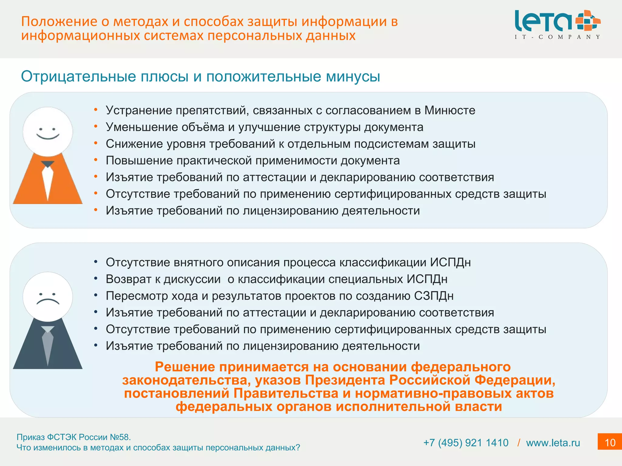 Положение о методах и способах защиты информации в информационных системах персональных данных Отрицательные плюсы и положительные минусы +7 (495) 921 1410  /   www.leta.ru Устранение препятствий, связанных с согласованием в Минюсте Уменьшение объёма и улучшение структуры документа  Снижение уровня требований к отдельным подсистемам защиты Повышение практической применимости документа Изъятие требований по аттестации и декларированию соответствия  Отсутствие требований по применению сертифицированных средств защиты Изъятие требований по лицензированию деятельности Отсутствие внятного описания процесса классификации ИСПДн Возврат к дискуссии  о классификации специальных ИСПДн Пересмотр хода и результатов проектов по созданию СЗПДн Изъятие требований по аттестации и декларированию соответствия  Отсутствие требований по применению сертифицированных средств защиты Изъятие требований по лицензированию деятельности Решение принимается на основании федерального законодательства, указов Президента Российской Федерации, постановлений Правительства и нормативно-правовых актов федеральных органов исполнительной власти 