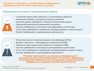 Положение о методах и способах защиты информации в информационных системах персональных данных Отрицательные плюсы и положительные минусы +7 (495) 921 1410  /   www.leta.ru Устранение препятствий, связанных с согласованием в Минюсте Уменьшение объёма и улучшение структуры документа  Снижение уровня требований к отдельным подсистемам защиты Повышение практической применимости документа Изъятие требований по аттестации и декларированию соответствия  Отсутствие требований по применению сертифицированных средств защиты Изъятие требований по лицензированию деятельности Отсутствие внятного описания процесса классификации ИСПДн Возврат к дискуссии  о классификации специальных ИСПДн Пересмотр хода и результатов проектов по созданию СЗПДн Изъятие требований по аттестации и декларированию соответствия  Отсутствие требований по применению сертифицированных средств защиты Изъятие требований по лицензированию деятельности Решение принимается на основании федерального законодательства, указов Президента Российской Федерации, постановлений Правительства и нормативно-правовых актов федеральных органов исполнительной власти 