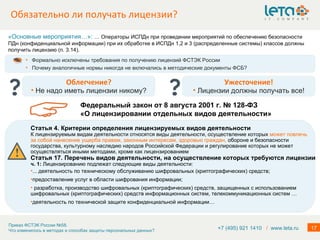 Обязательно ли получать лицензии? +7 (495) 921 1410  /   www.leta.ru Формально исключены требования по получению лицензий ФСТЭК России Почему аналогичные нормы никогда не включались в методические документы ФСБ? «Основные мероприятия…»:  … Операторы ИСПДн при проведении мероприятий по обеспечению безопасности ПДн (конфиденциальной информации) при их обработке в ИСПДн 1,2 и 3 (распределенные системы) классов должны получить лицензию (п. 3.14). Облегчение? Не надо иметь лицензии никому? Ужесточение! Лицензии должны получать все! Федеральный закон от 8 августа 2001 г. № 128-ФЗ «О лицензировании отдельных видов деятельности» Статья 4.  Критерии определения лицензируемых видов деятельности К лицензируемым  видам деятельности относятся виды деятельности, осуществление которых  может повлечь за собой нанесение ущерба правам, законным интересам, здоровью граждан,  обороне и безопасности государства, культурному наследию народов Российской Федерации и регулирование которых не может осуществляться иными методами, кроме как лицензированием Статья 17. Перечень видов деятельности, на осуществление которых требуются лицензии  ч. 1:  Лицензированию подлежат следующие виды деятельности: ... деятельность по техническому обслуживанию шифровальных (криптографических) средств; предоставление услуг в области шифрования информации; разработка, производство шифровальных (криптографических) средств, защищенных с использованием шифровальных (криптографических) средств информационных систем, телекоммуникационных систем … деятельность по технической защите конфиденциальной информации… 