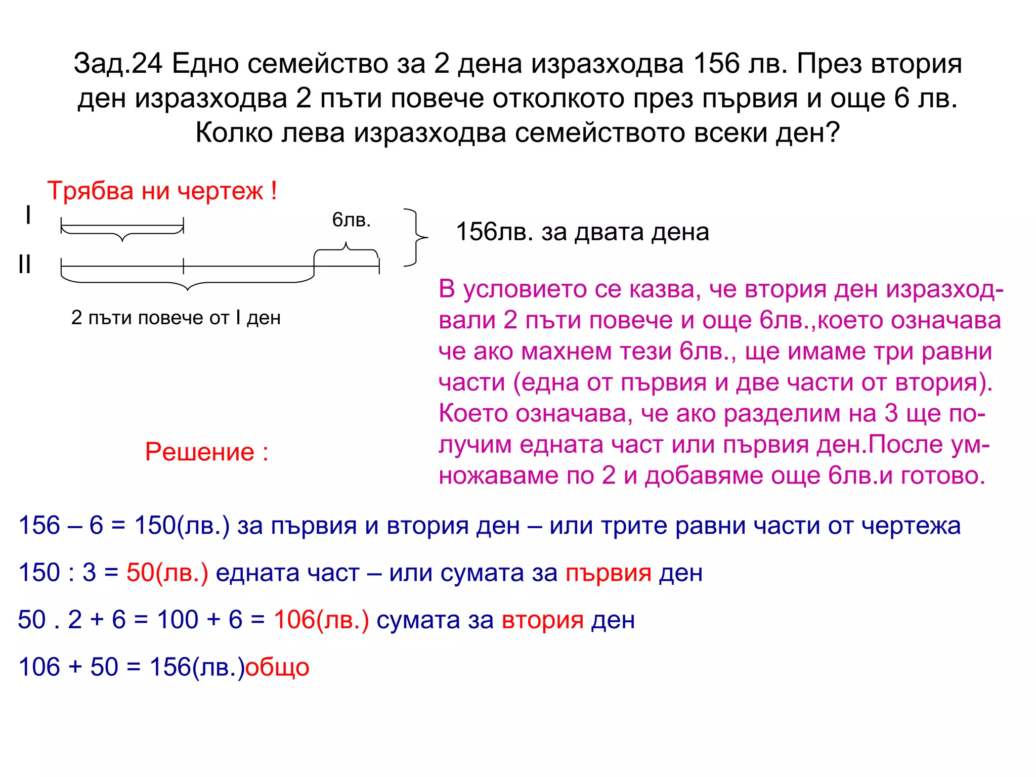 Зад.24 Едно семейство за 2 дена изразходва 156 лв. През втория ден изразходва 2 пъти повече отколкото през първия и още 6 лв. Колко лева изразходва семейството всеки ден? Решение : Трябва ни чертеж ! I II 6лв. 156лв. за двата дена В условието се казва, че втория ден изразход- вали 2 пъти повече и още 6лв.,което означава че ако махнем тези 6лв., ще имаме три равни части (една от първия и две части от втория). Което означава, че ако разделим на 3 ще по- лучим едната част или първия ден.После ум- ножаваме по 2 и добавяме още 6лв.и готово. 156 – 6 = 150(лв.) за първия и втория ден – или трите равни части от чертежа 150 : 3 =  50(лв.)  едната част – или сумата за  първия  ден 50 . 2 + 6 = 100 + 6 =  106(лв.)  сумата за  втория  ден 106 + 50 = 156(лв.) общо 2 пъти повече от  I  ден 