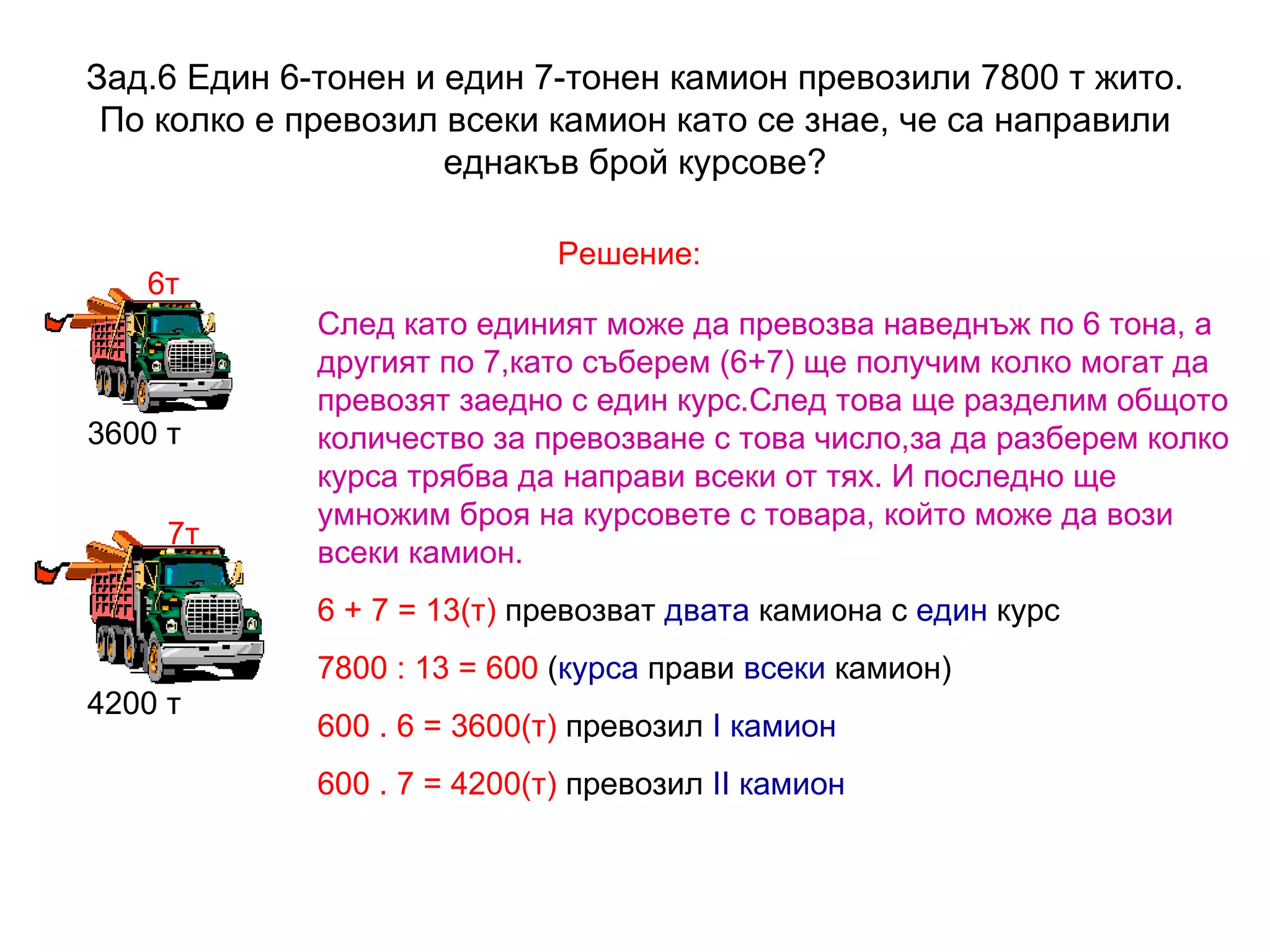 Зад.6 Един 6-тонен и един 7-тонен камион превозили 7800 т жито. По колко е превозил всеки камион като се знае, че са направили еднакъв брой курсове? 6 т 7т Решение: След като единият може да превозва наведнъж по 6 тона, а другият по 7,като съберем (6+7) ще получим колко могат да превозят заедно с един курс.След това ще разделим общото количество за превозване с това число,за да разберем колко курса трябва да направи всеки от тях. И последно ще умножим броя на курсовете с товара, който може да вози всеки камион. 6 + 7 = 13(т)  превозват  двата  камиона с  един  курс 7800 : 13 = 600  ( курса  прави  всеки  камион) 600 . 6 = 3600(т)  превозил  I  камион 600 . 7 = 4200(т)  превозил  II  камион 3600 т 4200 т 