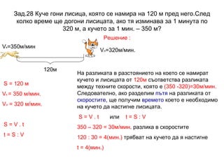 Зад.28 Куче гони лисица, която се намира на 120 м пред него.След колко време ще догони лисицата, ако тя изминава за 1 минута по 320 м, а кучето за 1 мин. – 350 м? Решение : 120 м V к =350м/мин. V л =320м/мин. На разликата в разстоянието на което се намират кучето и лисицата от  120м  съответства разликата между техните скорости, която е  (350 -320)=30м/мин.  Следователно, ако разделим  пътя  на разликата от  скоростите , ще получим  времето  което е необходимо на кучето да настигне лисицата. S  =  V  .  t   или  t  =  S  :  V   350 – 320 = 30м/мин . разлика в скоростите 120 : 30 = 4(мин.)  трябват на кучето да я настигне t  = 4(мин.) S = 120  м V к  = 350 м/мин. V л  = 320 м/мин. S = V . t  t = S : V  