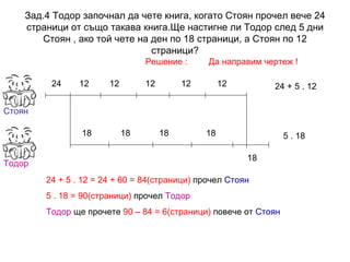 Зад.4 Тодор започнал да чете книга, когато Стоян прочел вече 24 страници от също такава книга.Ще настигне ли Тодор след 5 дни Стоян , ако той чете на ден по 18 страници, а Стоян по 12 страници? Решение : Стоян Тодор 24 12 12 12 12 12 18 18 18 18 18 24 + 5 . 12 5 . 18 24 + 5 . 12 = 24 + 60 = 84(страници)  прочел  Стоян 5 . 18 = 90(страници)  прочел  Тодор Тодор  ще прочете  90 – 84 = 6(страници)  повече от  Стоян Да направим чертеж ! 